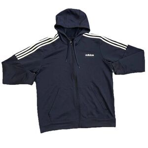 Adidas Essentials Full Zip Hoodie Mens XL Navy Blue 3 Stripe Jacket FN2746